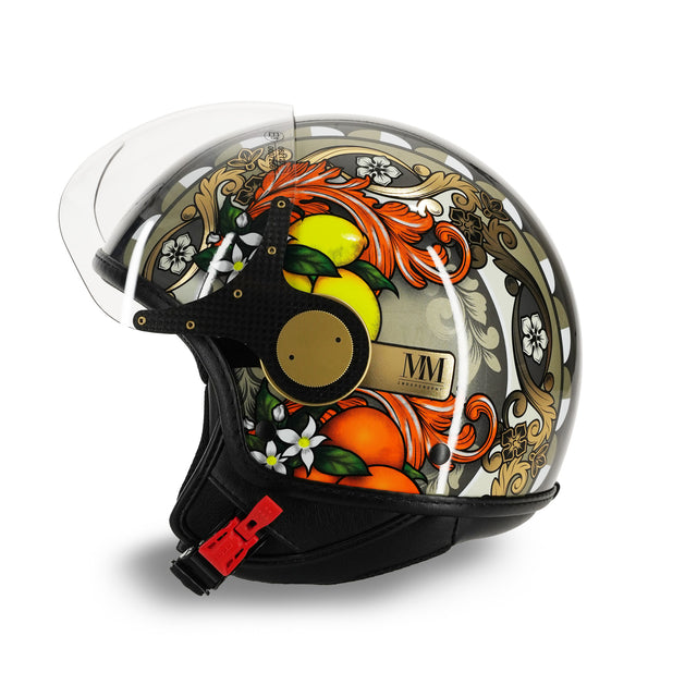 Casco Sicilia Magnolia Nero vista laterale sinistra con visiera trasparente sollevata